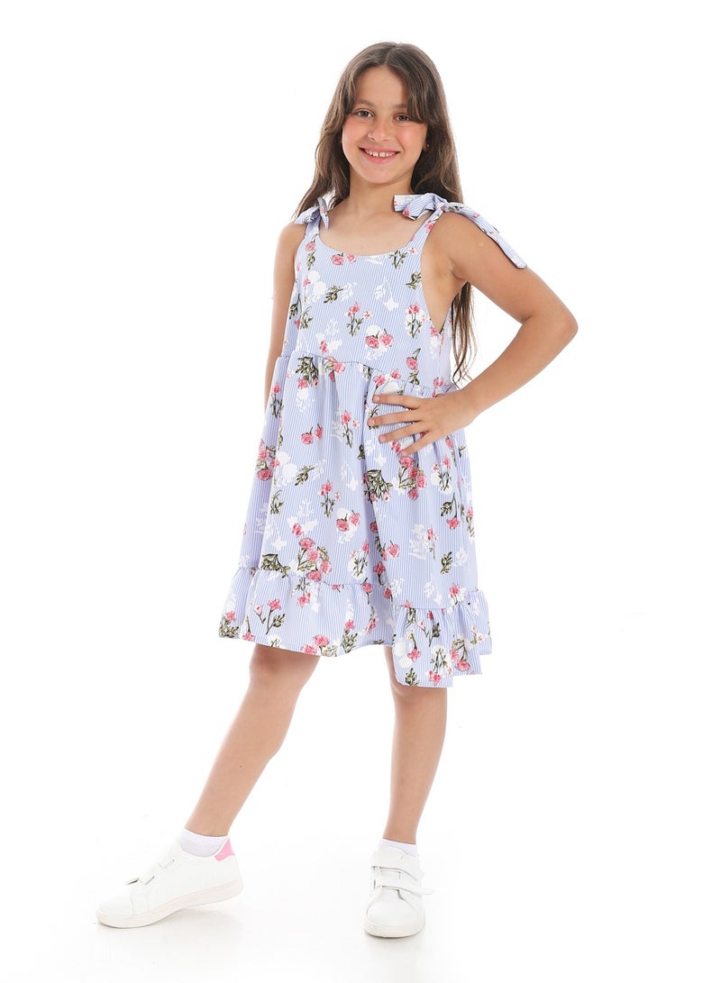 Andora Floral Tie Strap Girls Dress _ Light Blue, White and Watermelon - Image 2