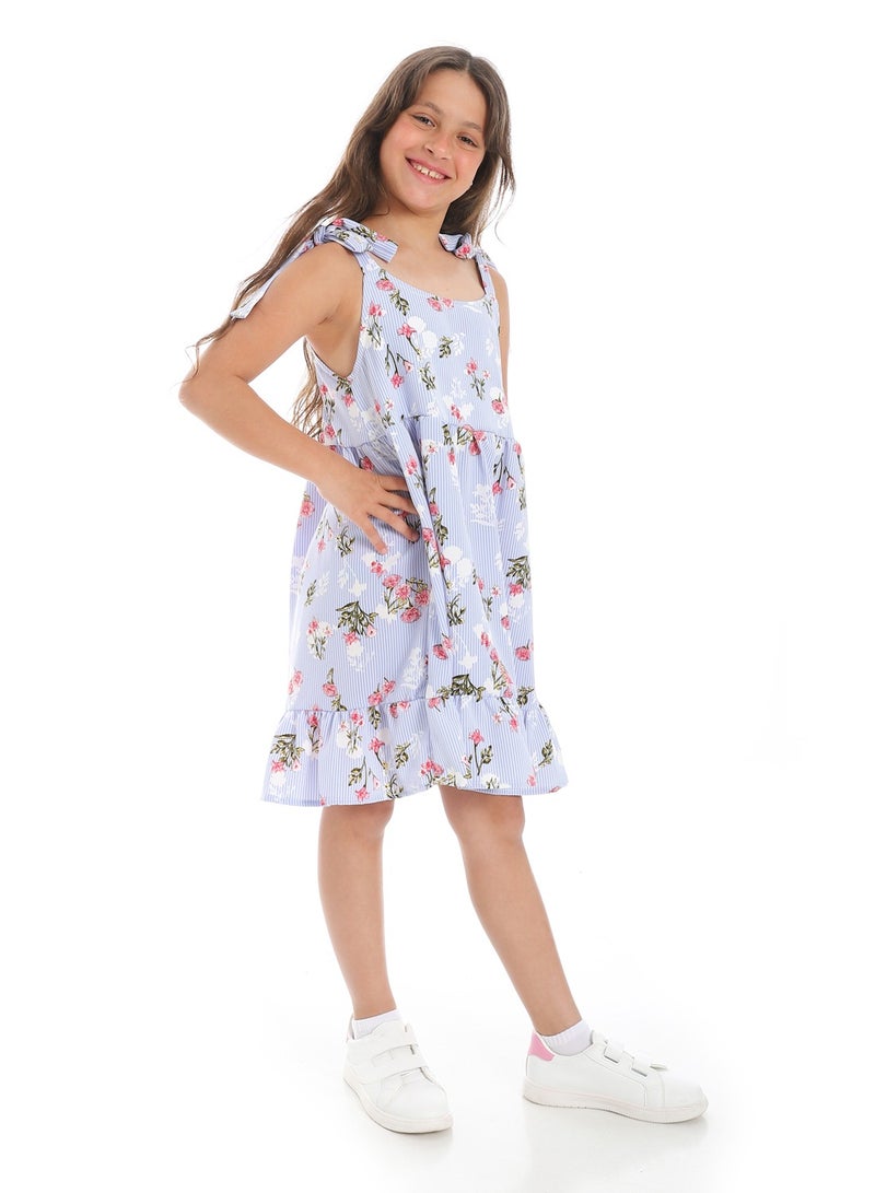 Andora Floral Tie Strap Girls Dress _ Light Blue, White and Watermelon - Image 3