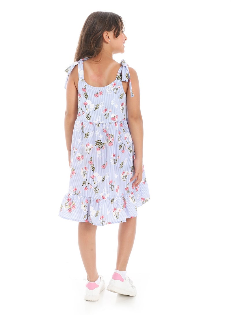 Andora Floral Tie Strap Girls Dress _ Light Blue, White and Watermelon - Image 4