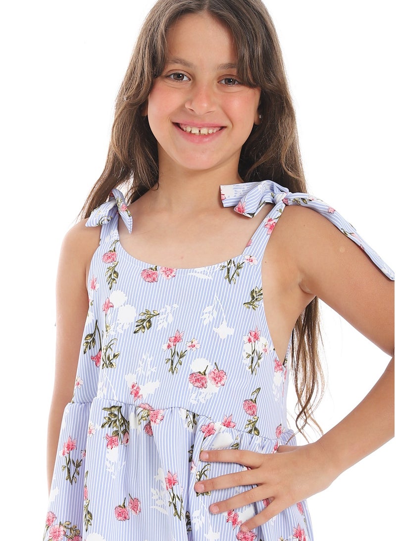Andora Floral Tie Strap Girls Dress _ Light Blue, White and Watermelon - Image 5