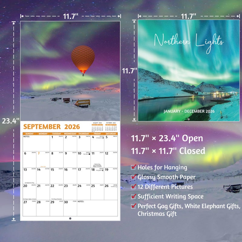 GoiUnlt 2026 Calendar, 2026 Wall Calendar, Northern Lights Calendar 2026 from Jan 2026 - Dec 2026, 12" x 24" (Open), 12 Month Wall Calendar 2026, Large Blocks, Thick Paper, Hanging Holes, Ample Writing Space - Image 5