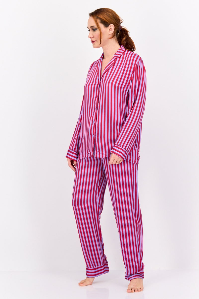 XOXO Women 2 Pieces Stripe Long Sleeve Shirt And Pants Pajama Set, Red - Image 3