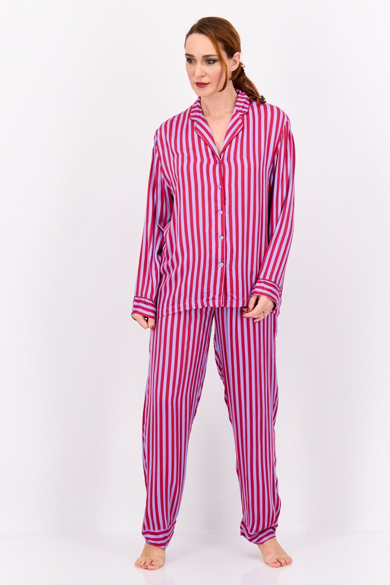 XOXO Women 2 Pieces Stripe Long Sleeve Shirt And Pants Pajama Set, Red - Image 1