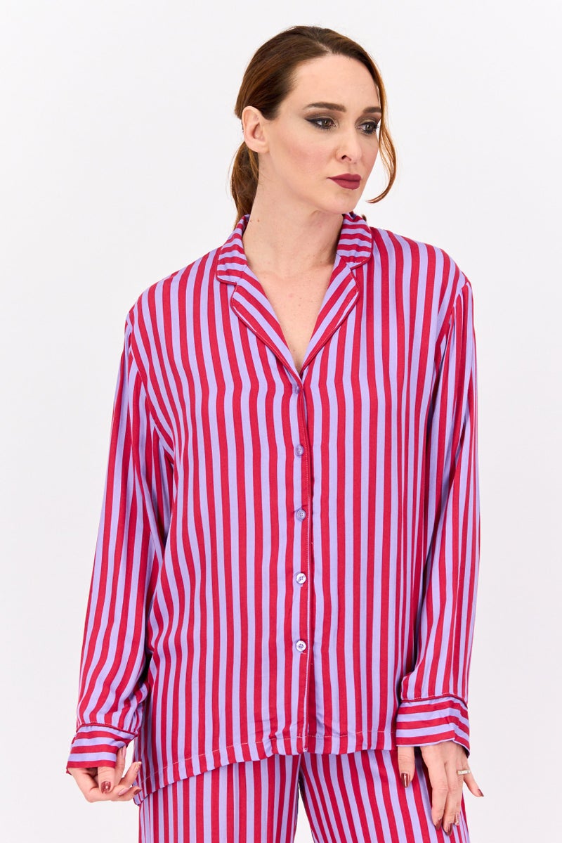 XOXO Women 2 Pieces Stripe Long Sleeve Shirt And Pants Pajama Set, Red - Image 2