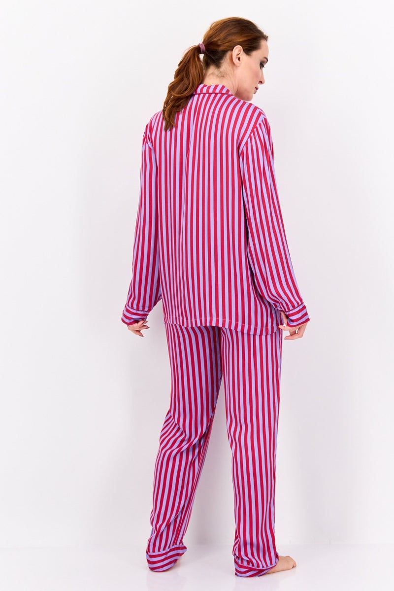 XOXO Women 2 Pieces Stripe Long Sleeve Shirt And Pants Pajama Set, Red - Image 4