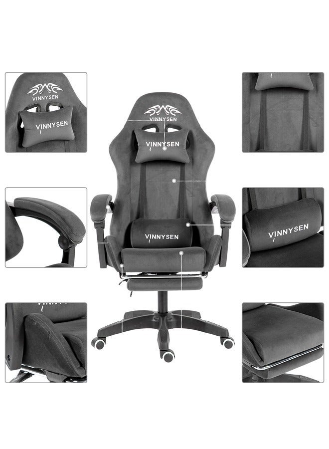 VINNYSEN كرسي ألعاب، كرسي كمبيوتر، كرسي ألعاب من القماش المخملي مع وسادة للرأس ووسادة للخصر، كرسي كمبيوتر مريح مع مسند للقدمين، رمادي - Image 5