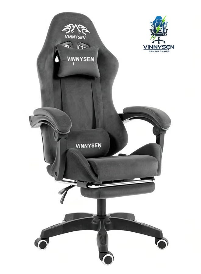 VINNYSEN كرسي ألعاب، كرسي كمبيوتر، كرسي ألعاب من القماش المخملي مع وسادة للرأس ووسادة للخصر، كرسي كمبيوتر مريح مع مسند للقدمين، رمادي - Image 1
