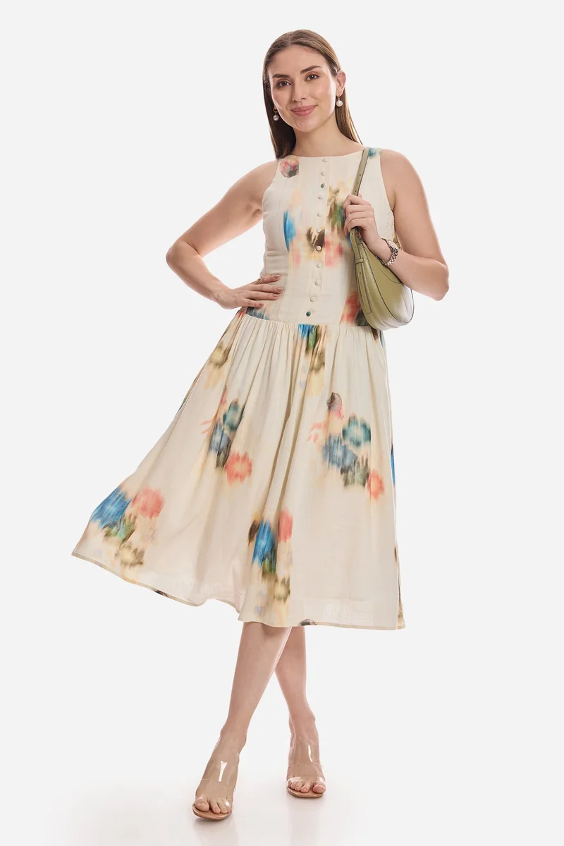 فيرجيو All Over Print Linen Smocked Midi Dress With Boat Neck for Women