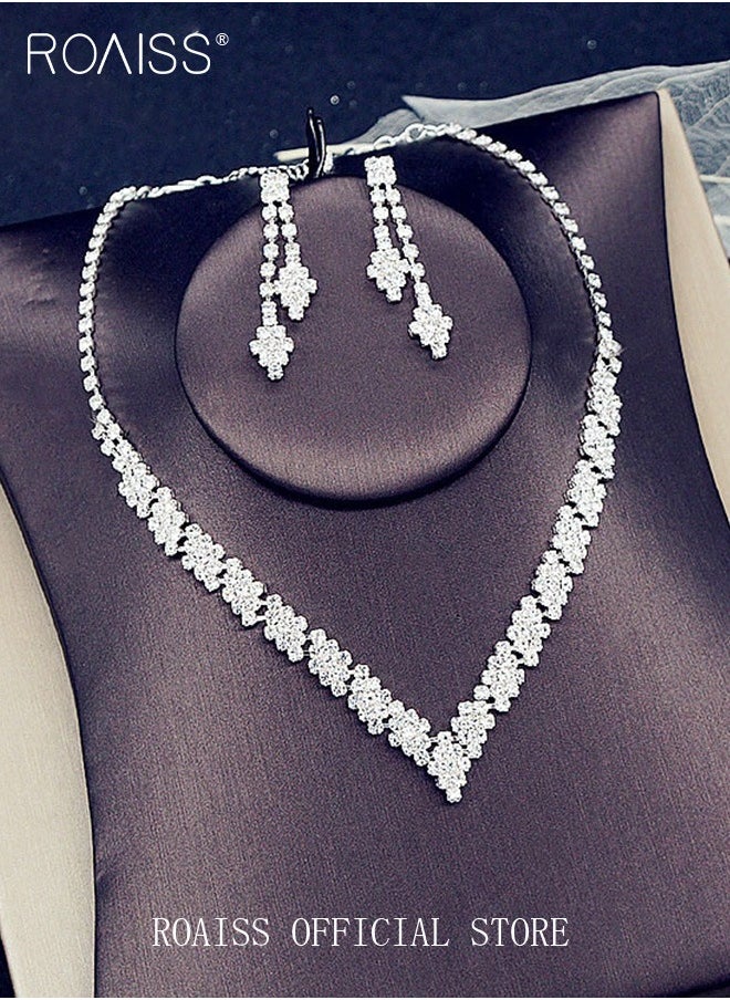 roaiss - 2 Piece Jewelry Set of Necklace and Earrings Shiny V Shaped Diamond Chic Rhinestone Decor Jewellery Set for Women Ladies Gift for Girlfriend Wife Mother Bridesmaids Wedding Party Accessories - Image 1