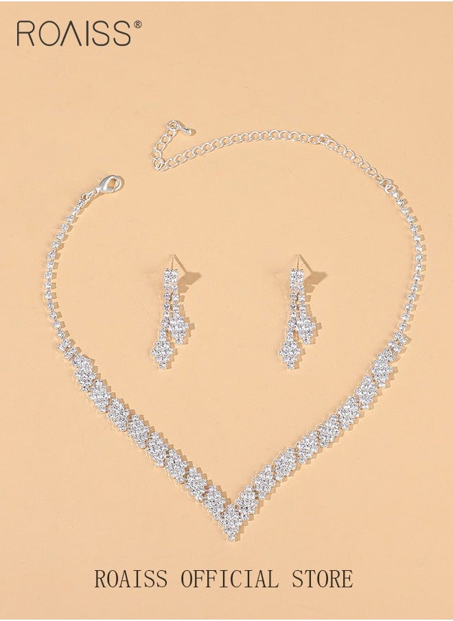 roaiss - 2 Piece Jewelry Set of Necklace and Earrings Shiny V Shaped Diamond Chic Rhinestone Decor Jewellery Set for Women Ladies Gift for Girlfriend Wife Mother Bridesmaids Wedding Party Accessories - Image 1