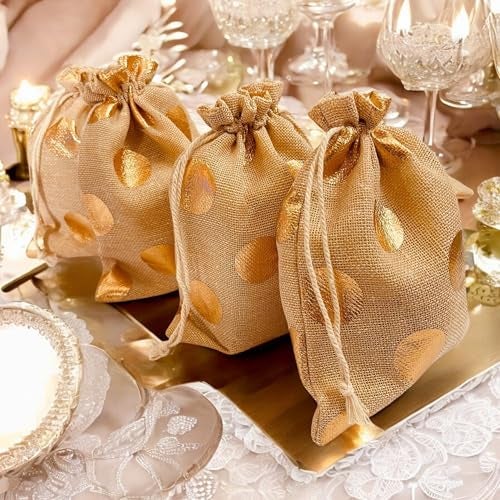 Kriwin Pack of 20 Cotton Jute Drawstring Closure Small Size Gift Potli Bags Pouches Beige with Golden Dots (Beige, 5X7 inch) - Image 2