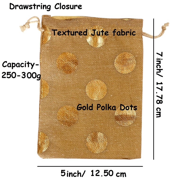Kriwin Pack of 20 Cotton Jute Drawstring Closure Small Size Gift Potli Bags Pouches Beige with Golden Dots (Beige, 5X7 inch) - Image 3