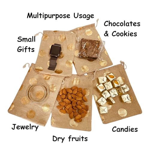 Kriwin Pack of 20 Cotton Jute Drawstring Closure Small Size Gift Potli Bags Pouches Beige with Golden Dots (Beige, 5X7 inch) - Image 4