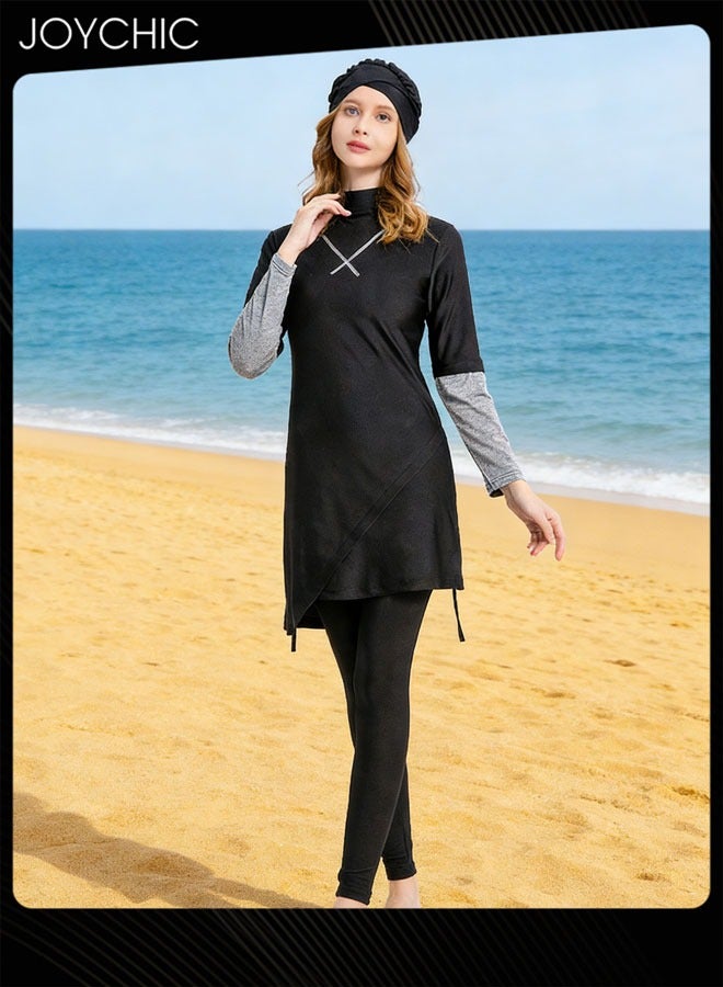 Joychic 3-piece Muslim Summer Women Solid Pattern Conservative Swimwear Long Sleeve Full Coverage Sun Protection Swimsuits Comfortable and Lightweight Beachwear - Image 1
