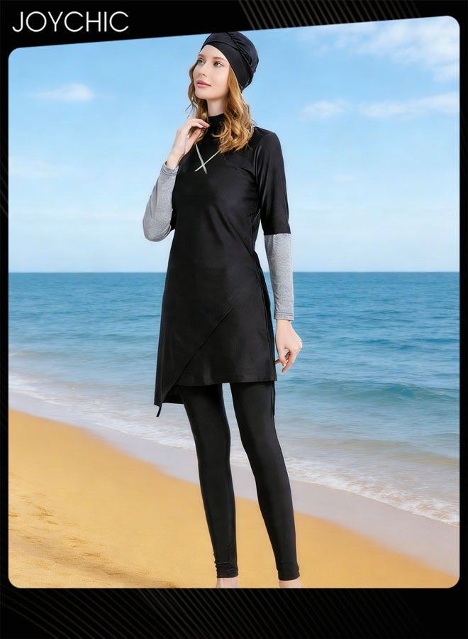 Joychic 3-piece Muslim Summer Women Solid Pattern Conservative Swimwear Long Sleeve Full Coverage Sun Protection Swimsuits Comfortable and Lightweight Beachwear - Image 2
