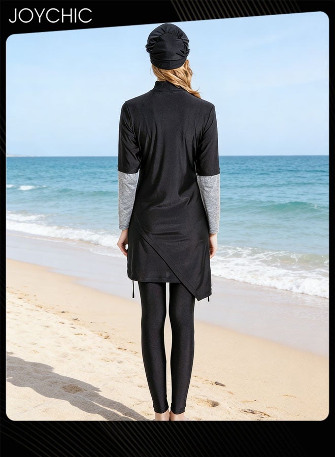 Joychic 3-piece Muslim Summer Women Solid Pattern Conservative Swimwear Long Sleeve Full Coverage Sun Protection Swimsuits Comfortable and Lightweight Beachwear - Image 4