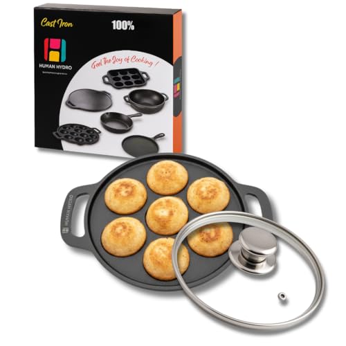 Human Hydro Pre-Seasoned Cast Iron Paniyaram Pan (7-Pit) with Lid | Naturally Nonstick, Induction & Gas Compatible | Heavy-Duty Cookware for Paddu, Appam, Kuzhi Paniyaram & More - Image 1