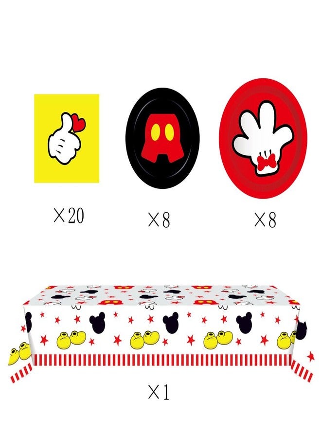 OULUN Mouse Theme Party Supplies Kit, 16 Paper Plates (8pcs 9 inch, 8pcs 7 inch), 20 Napkins, Table Cloth, Red, Mouse Cartoon, Birthday - Image 3