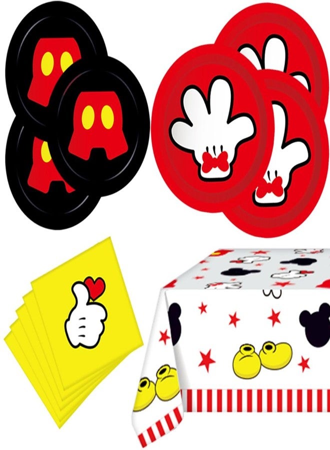 OULUN Mouse Theme Party Supplies Kit, 16 Paper Plates (8pcs 9 inch, 8pcs 7 inch), 20 Napkins, Table Cloth, Red, Mouse Cartoon, Birthday - Image 1