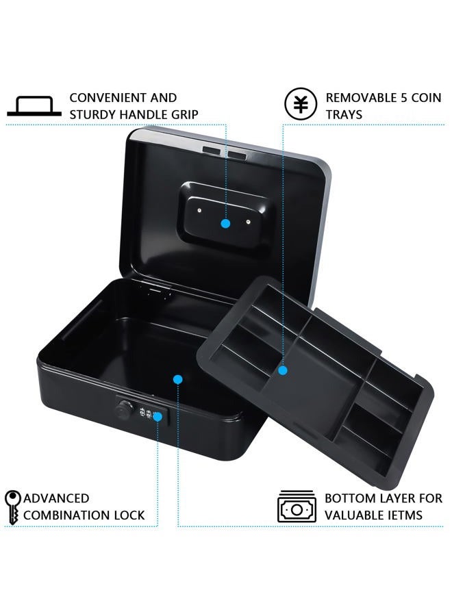 KYODOLED Large Cash Box with Combination Lock Safe Metal Money Box with Money Tray for Security Lock Box 9.84"x 7.87"x 3.54" Black Large - Image 3