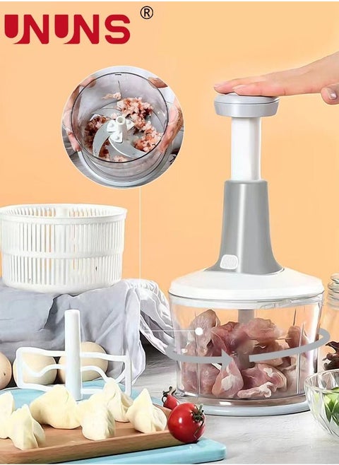 Manual Food Chopper,3 In 1 Push Handle Vegetable Chopper 1.5L Liter,Drainer Basket,Easy To Chop Vegetables,Fruits,Herbs,Salsa,Egg,Salad