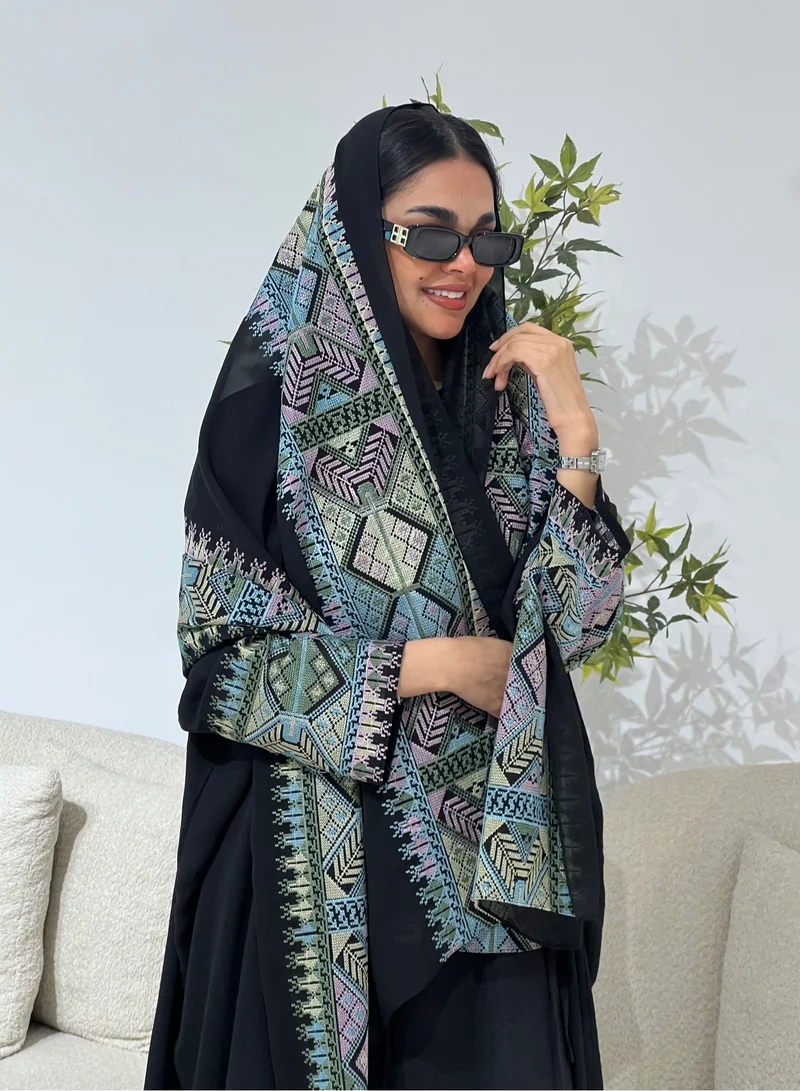 Lusin Abaya Black Abaya with Distinctive Sadu Embroidery on Sleeves and Scarf