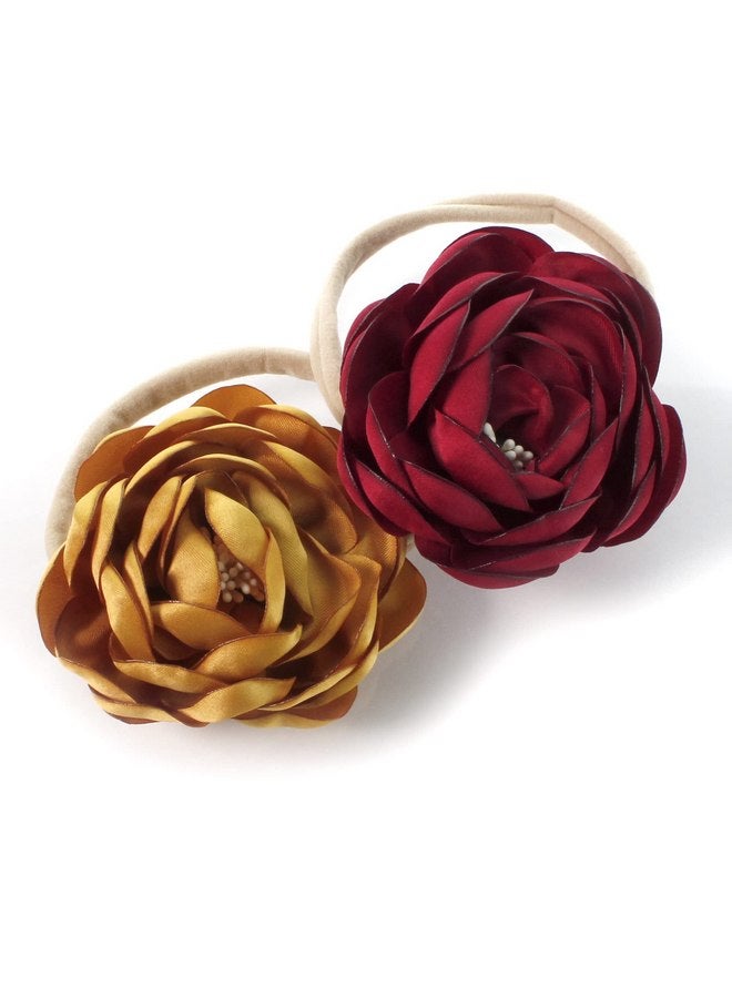 My Lello Baby Girl Ranunculus Flower Stretchy Nylon Elastic Headbands Set 2pcs - Medium - Scarlet/Old Gold - Image 1