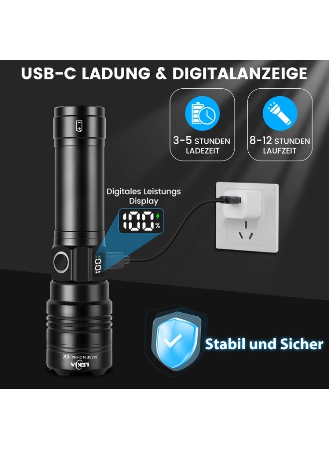 Rechargeable LED Torch - Extremely Bright 500,000 Lumens, PHM-30W USB C Military Battery Operated, 5 Modes, IPX6 Waterproof, Zoomable for Emergency, Camping - Image 4
