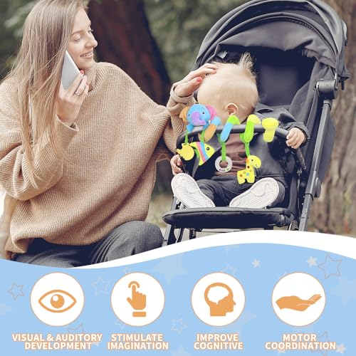 Caterbee Baby Car Seat Toys Soft Hanging Plush Toy with Rattle Teether Sensory Development Toy for Infants Elephant - Image 5