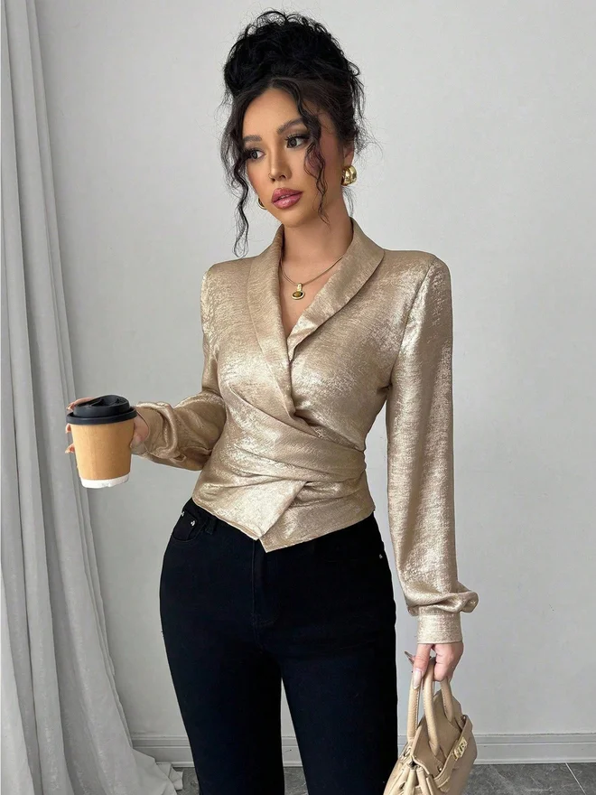 Take Two Women Solid V Neck Fitted Wrap Top