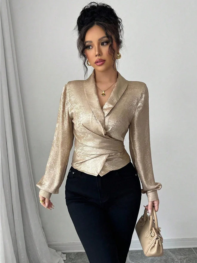 Take Two Women Solid V Neck Fitted Wrap Top