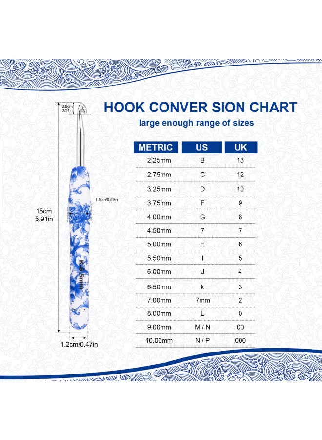 BCMRUN Crochet Hooks Set with Case 14 Size Blue and White Porcelain Pattern for Arthritis Hands, 2.25mm(B)-10mm(N) Crochet Needles for Beginners, Mothers Day Gift, Crochet Lovers (Azure) - Image 2
