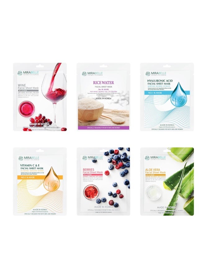 Mirabelle Sensitive Ex Korean Face Sheet Mask For Hydrating & Radiance Boosting | Serum Sheet Mask For Women & Men | Combo Pack Of 6 (each 25ml) - Image 1