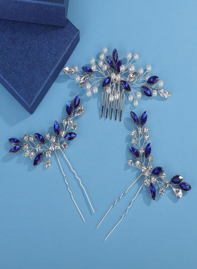 Missgrace Bride Blue Wedding Hair Side Comb with Hair Pins Pearls Women Hair Comb Rhinestone Crystal Headpiece Dainty Bridal Hair Accessories for Women - Image 4