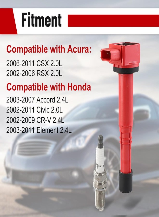 Pindex 4 Pack Ignition Coils and Iridium Spark Plugs,UF311 92213 Coil Pack Kits Compatible with 2002-2011 Acura Honda RSX Civic CRV Element 2.0L 2.4L Replacement UF311 UF583 C1382 30520-RRA-007 - Image 2