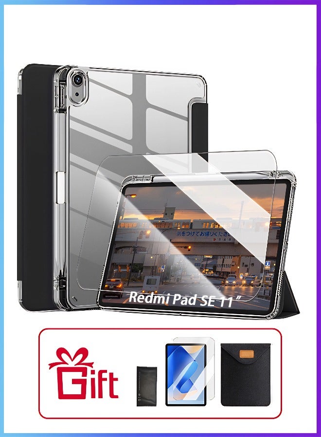 Redmi Pad SE 11 Inch Cover, For Redmi SE Cover With Pen Slot, Tpu Transparent Case Tri-Fold Stand Smart Wake-Up/ AED 23 Gift Set Anti-Glare Protective Film- Black - Image 1