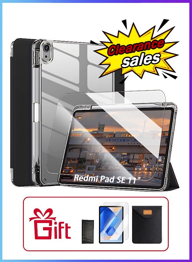 غطاء Redmi Pad SE مقاس 11 بوصة، غطاء Redmi SE مع فتحة للقلم، جراب شفاف من مادة TPU مع حامل ثلاثي الطي، خاصية الاستيقاظ الذكي/ مجموعة هدايا بقيمة 23 درهمًا إماراتيًا، غشاء واقٍ مضاد للتوهج - أسود - Image 1