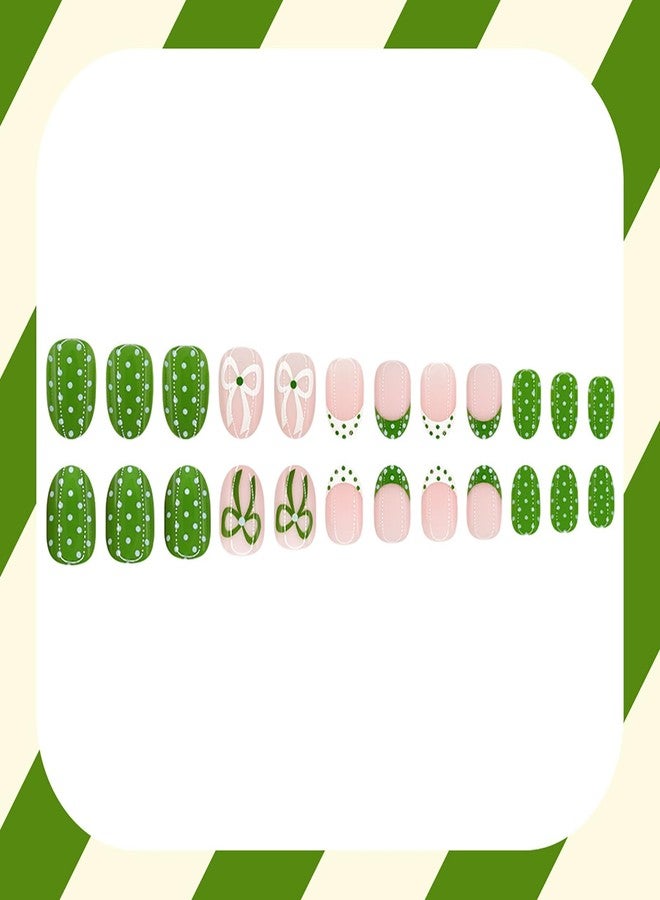GRITOSE 24Pcs Spring Summer Short Oval Press on Nails Polka Dot French Tip Fake Nails Cute Reusable Fake Nails with Bow Dots Design Artificial Green Nails Press ons Reusable Holiday Stick on Nail for Women - Image 4