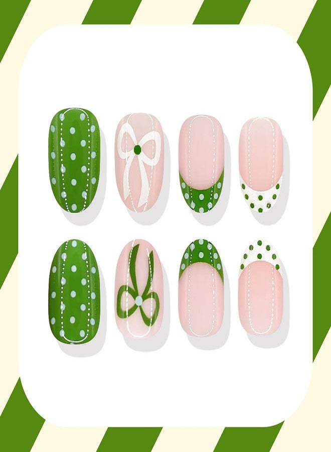 GRITOSE 24Pcs Spring Summer Short Oval Press on Nails Polka Dot French Tip Fake Nails Cute Reusable Fake Nails with Bow Dots Design Artificial Green Nails Press ons Reusable Holiday Stick on Nail for Women - Image 3