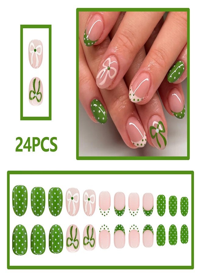 GRITOSE 24Pcs Spring Summer Short Oval Press on Nails Polka Dot French Tip Fake Nails Cute Reusable Fake Nails with Bow Dots Design Artificial Green Nails Press ons Reusable Holiday Stick on Nail for Women - Image 2