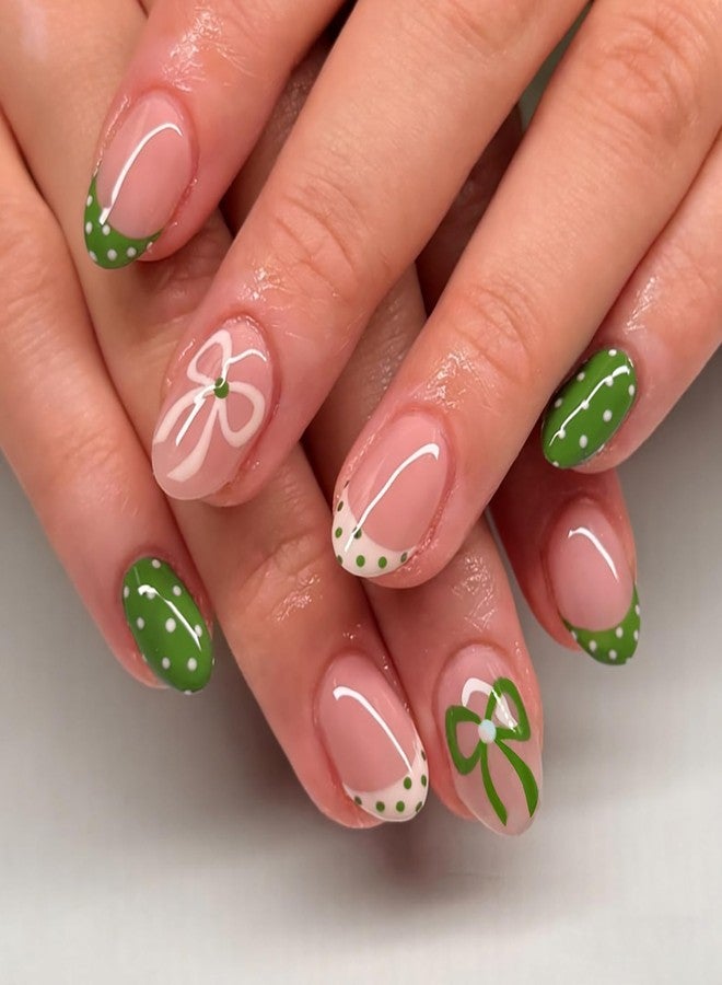 GRITOSE 24Pcs Spring Summer Short Oval Press on Nails Polka Dot French Tip Fake Nails Cute Reusable Fake Nails with Bow Dots Design Artificial Green Nails Press ons Reusable Holiday Stick on Nail for Women - Image 1