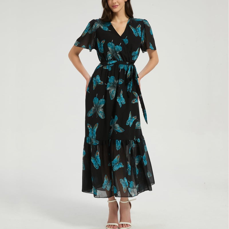 Max Hsuan Women's Summer Bohemian Floral Chiffon Dress Cap Sleeve V Neck Ruffle Long Flowy Boho Casual Vacation Dresses - Image 3