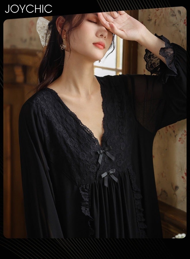 Joychic قميص نوم شبكي بأكمام طويلة على طراز القصر للنساء للربيع والخريف من الدانتيل فضفاض وناعم وجيد التهوية بيجامات ليلية بفتحة على شكل حرف V ملابس نوم باللون الأسود - Image 3