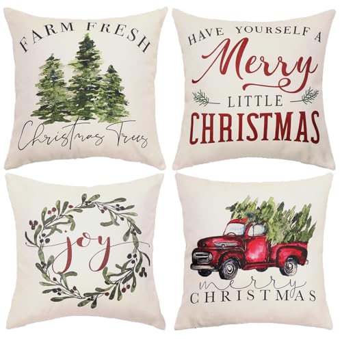 WODOHOLO Christmas Red Truck Tree Pillow Covers Christmas Outdoor Pillow Covers Set of 4 Farmhouse Xmas Decor Rustic Cushion Case for Home Sofa Bed Chair 18x18 - Image 1