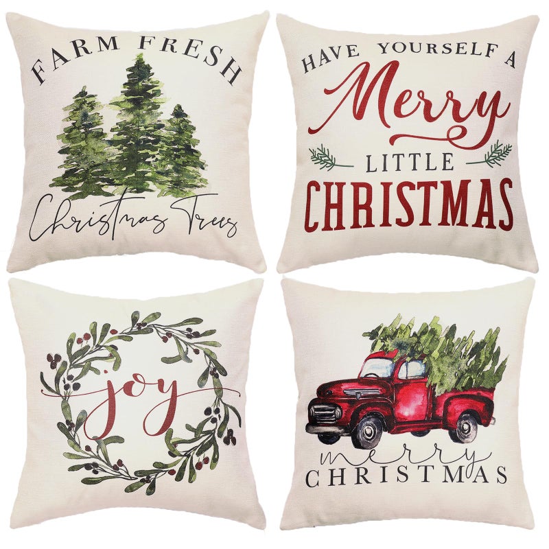 WODOHOLO Christmas Red Truck Tree Pillow Covers Christmas Outdoor Pillow Covers Set of 4 Farmhouse Xmas Decor Rustic Cushion Case for Home Sofa Bed Chair 18x18 - Image 2