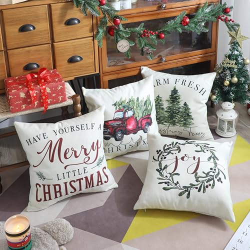 WODOHOLO Christmas Red Truck Tree Pillow Covers Christmas Outdoor Pillow Covers Set of 4 Farmhouse Xmas Decor Rustic Cushion Case for Home Sofa Bed Chair 18x18 - Image 3