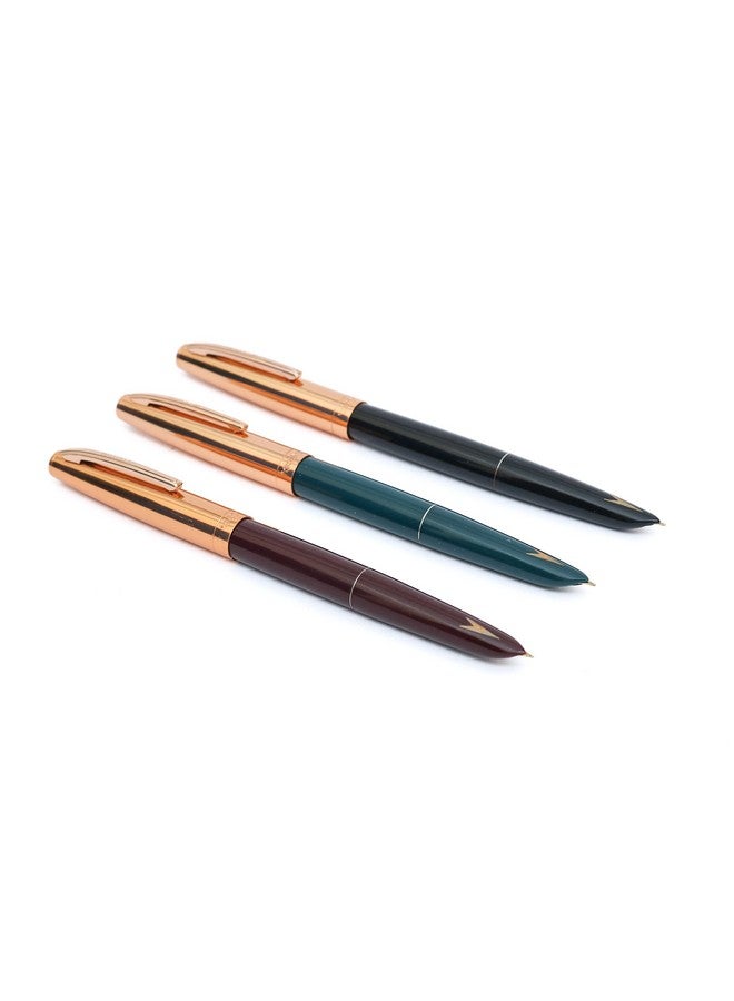 Gold Leaf GOLD LEAF Hero Pen 330 Original Fountain Ink Pen Iridium Tipped Fine Nib Gold Cap Black Green Maroon - Set of 3  - Image 1