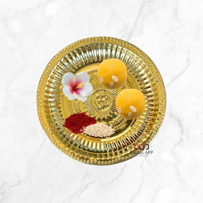 Salvus App SOLUTIONS Handmade Designer Brass Golden Om Thali for Pooja Festivals Home Decor Gift Item 7 Inch - Image 4