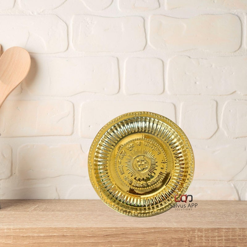 Salvus App SOLUTIONS Handmade Designer Brass Golden Om Thali for Pooja Festivals Home Decor Gift Item 7 Inch - Image 5