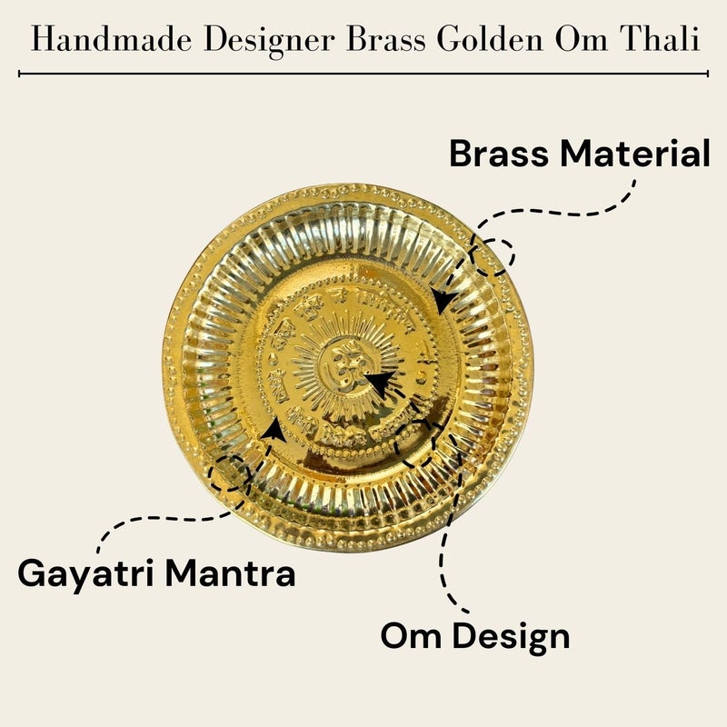 Salvus App SOLUTIONS Handmade Designer Brass Golden Om Thali for Pooja Festivals Home Decor Gift Item 7 Inch - Image 3